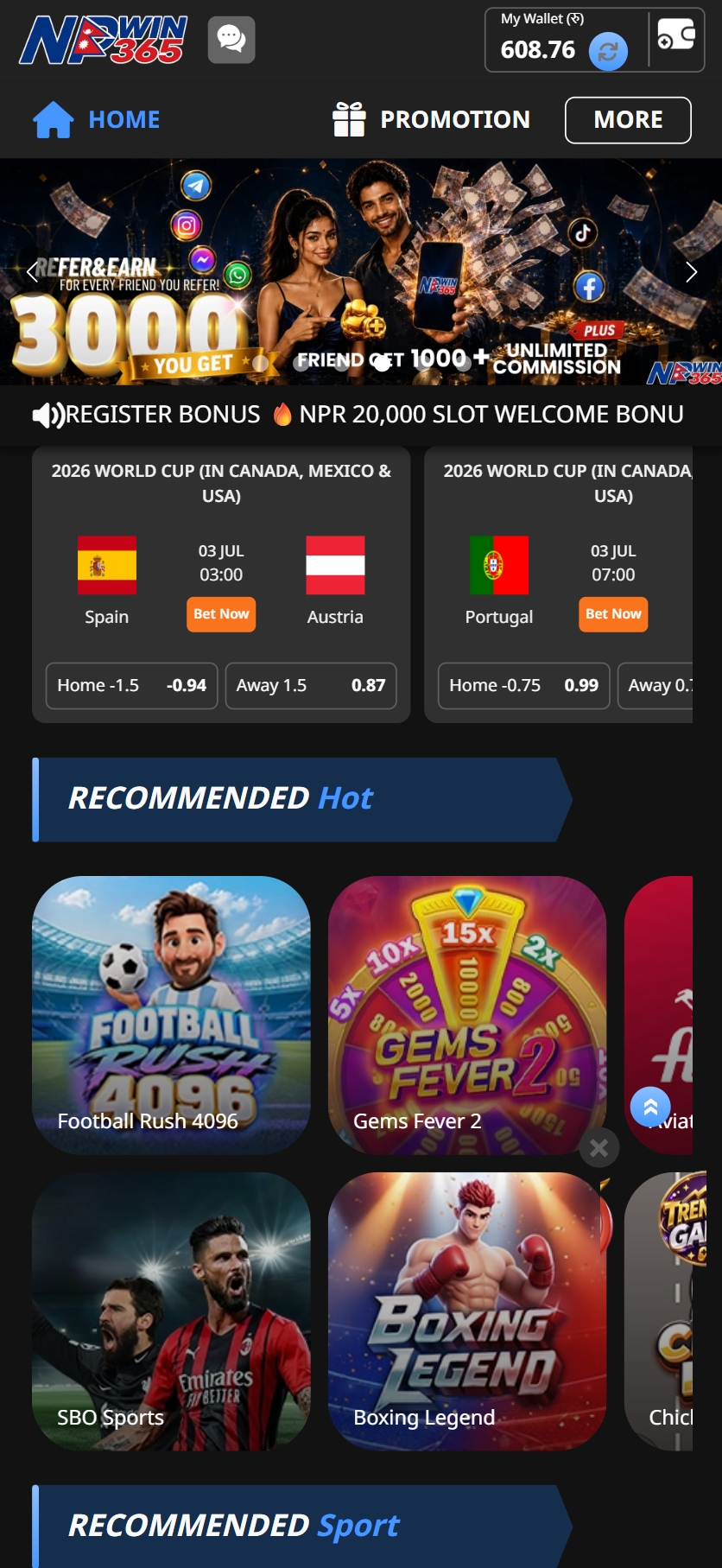 NPwin365 app home screen with cricket and football betting in NPR
