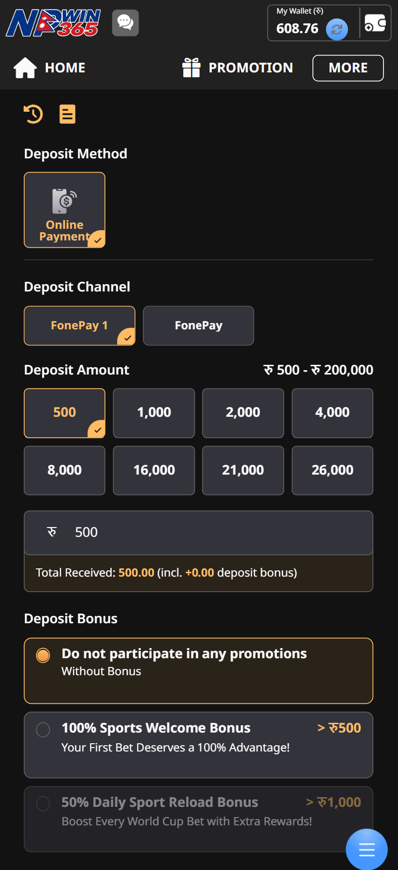 NPwin365 app bank-direct payment screen showing FonePay deposit channel and NPR amounts for Nepal